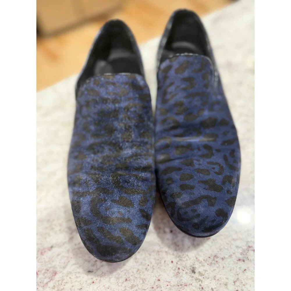 Jimmy Choo Mens Leopard Print Calf Hair Loafers Navy Blue Black Size 9.5 Luxury